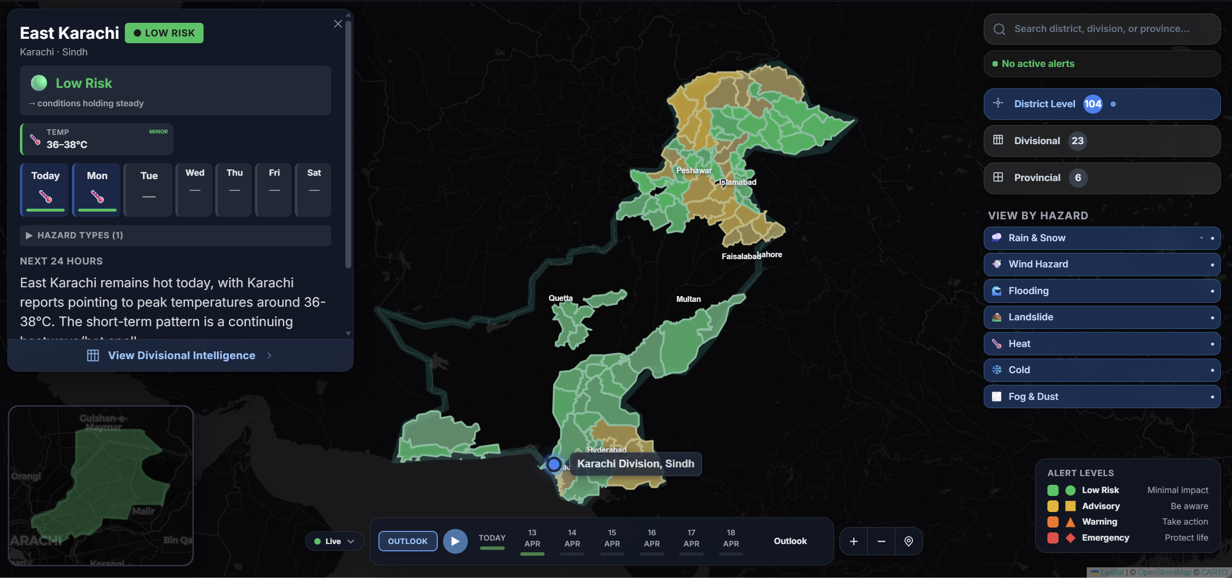 Nimbus Lab Weather Intelligence Portal — live map showing hazard alerts across Pakistan